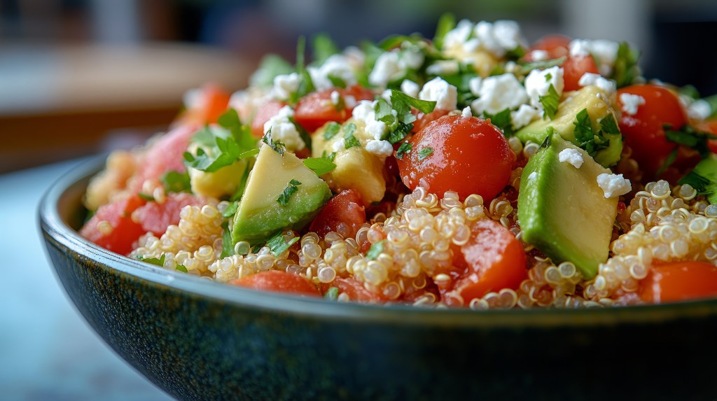 Quinoa bowl with tomatoes, avocado and feta cheese.