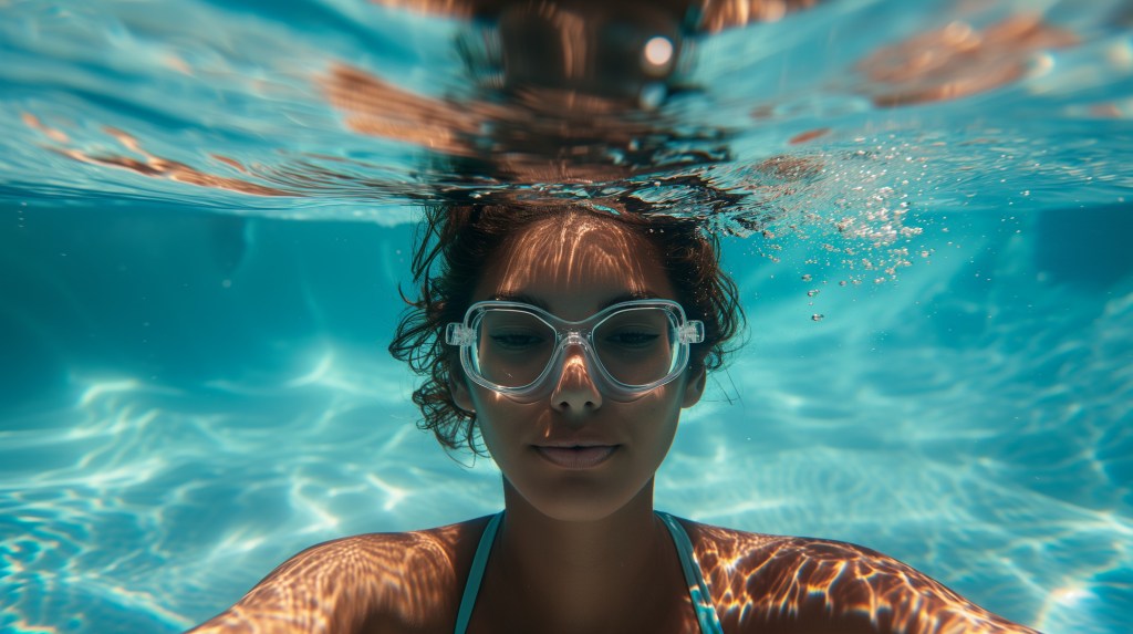 Placing your head in cold water and holding your breath contracts the spleen, slows the heart rate, and redirects blood flow to the brain and heart. Here, a woman wearing a swimsuit and goggles appears underwater.