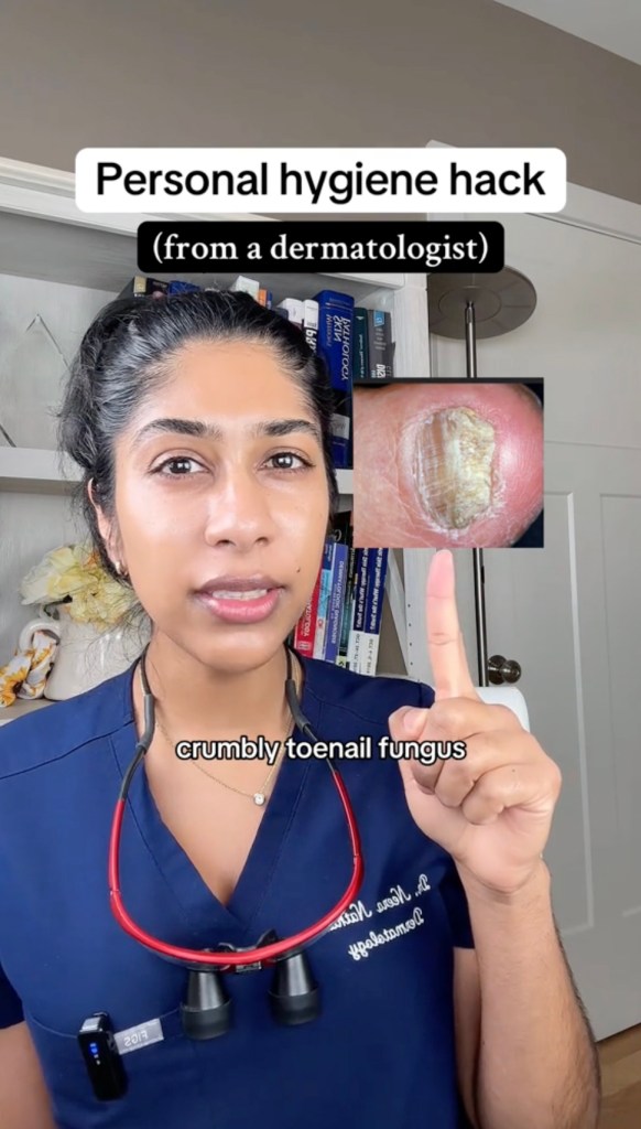 Dr. Neera Nathan (pictured here on TikTok), a Harvard-trained, board-certified dermatologist, is sharing an inexpensive trick to treat unsightly nail fungus at home.