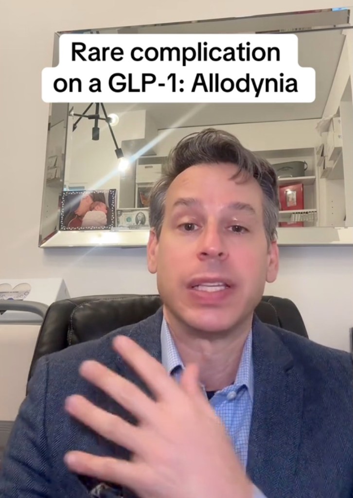 Dr. Daniel Rosen in a suit discussing allodynia nerve pain and the complications of the GLP-1 drug in his capacity as a weight loss doctor.