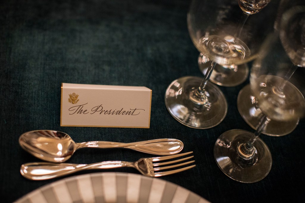 Table place cards are now in protocol table settings for the traditional Inaugural Luncheon in the Statuary Hall of the U.S. Capitol, hosted by the Congressional Joint Committee on Inaugural Ceremonies, on Capitol Hill on Monday , January 21, 2013